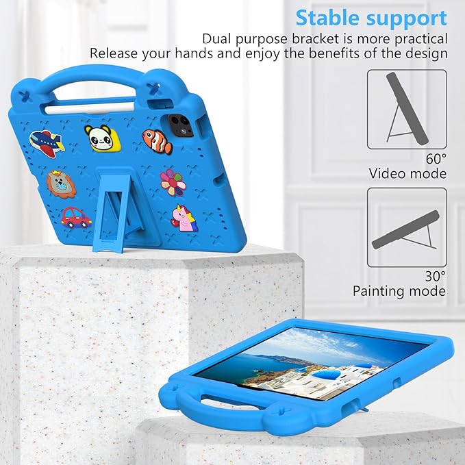 for Apple iPad Air 11 inch Kids Case M3/M2 (2025/2024) Slim Stand Cover with Pencil Holder/Handle/Kickstand Cute DIY Lightweight Cute Soft EVA Foam Shockproof Tablet Cover, Sky Blue Bear