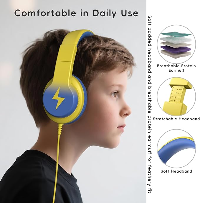 Candy Bila Kids Headphones, Wired Headphones for Kids Over Ear with Microphone, 85/94dB Volume Limiter Headphone for Girls Boys, Foldable Headphone for Learning & Entertainment, Light Yellow