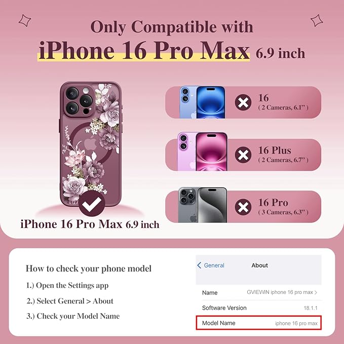 GVIEWIN for iPhone 16 Pro Max Case Compatible with MagSafe, [Military Grade Protection] [Screen Protector] Full Camera Protection Floral Translucent Women Magnetic Phone Case, Cherry Blossoms/Burgundy