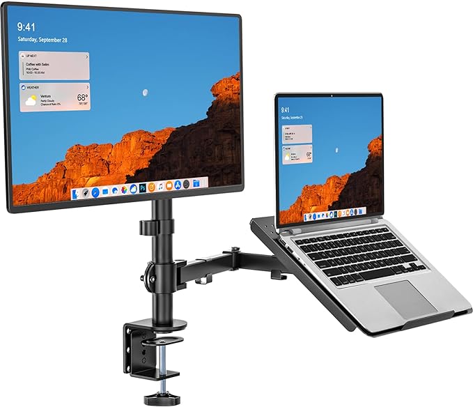 WALI Dual Arm Laptop and Monitor Desk Mount for 17" Notebook and Up to 27" Screen, Fully Adjustable Monitor Arm with Laptop Tray, VESA 75x75 100x100, Holds up to 22 lbs, Black (M001LP)