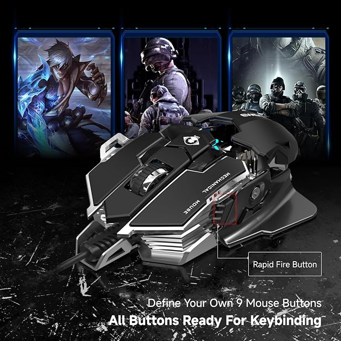 SEUNKWANG EWEADN G5 Wired Gaming Mouse, Ergonomic RGB Computer Mouse, 12800 Adjustable DPI, 9 Programmable Macro Buttons with Rapid Fire Key Compatible for PC/Laptop/Windows-Black&White