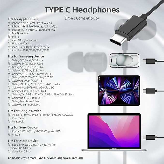 MORMOQUE USB C Headphones for iPhone 15 16 17,for Samsung S20-S23 A53 A54 Type C Wired Earbuds,Built-in Microphone Hi-Fi Bass Earphones,4.9ft Long Cord Magnetic in-Ear Ear Buds with 6 Ear Tips(Black)