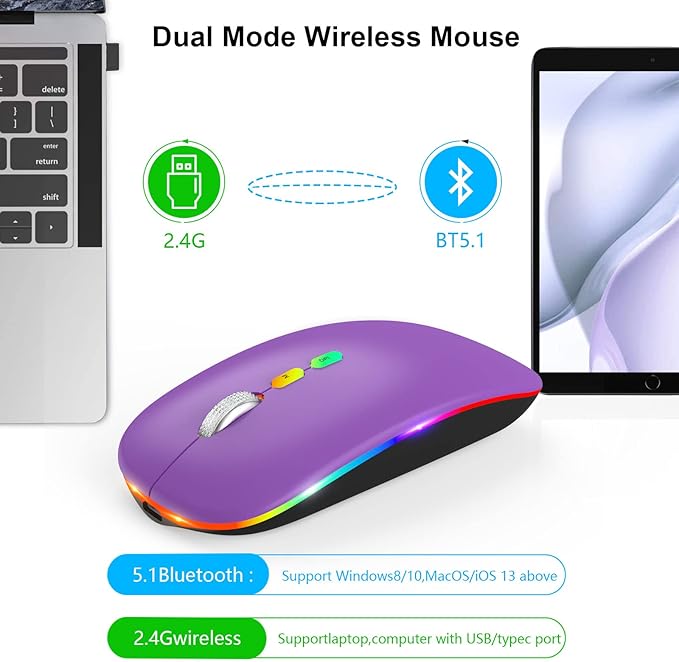HOTLIFE Wireless Bluetooth Mouse, Slim Rechargeable LED Mouse, 2.4G Portable USB Optical Mouse with Type C Adapter, Purple