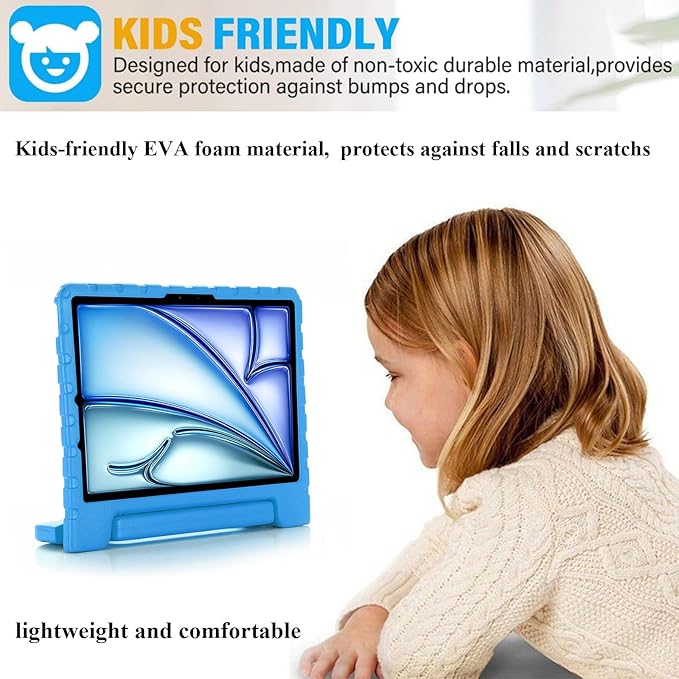 Kids Case for iPad Pro 11 inch M5/M4 (2025/2024) with Pencil Holder/Convertible Handle Stand Shockproof Slim Lightweight Cute Soft EVA Heavy Duty Rugged Kickstand Cover for Children, Blue