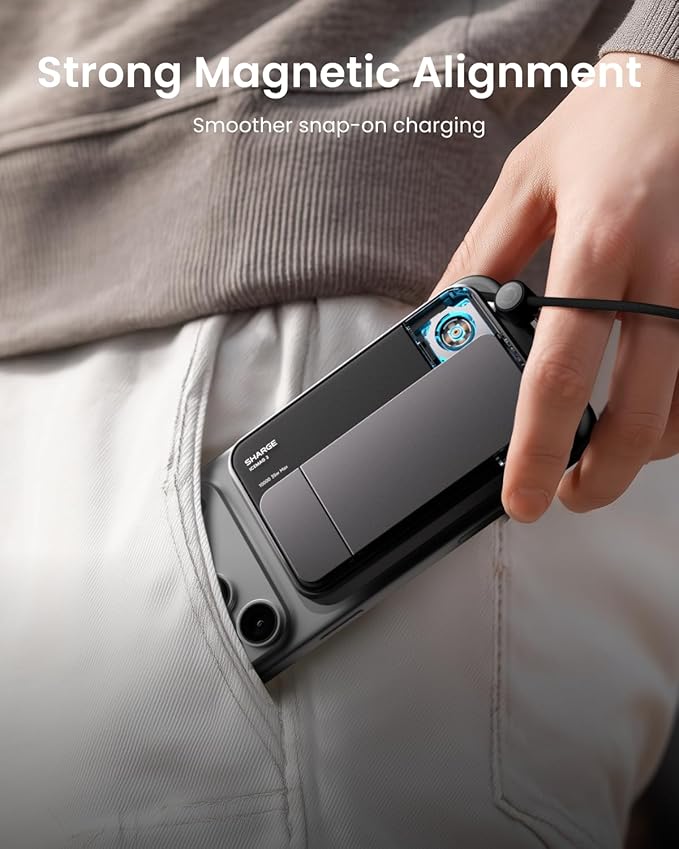 sharge ICEMAG 3 MagSafe Portable Charger, Qi2.2 25W Magnetic Power Bank 10000mAh with 35W Built-in Cable, Active Cooling& Foldable Stand, Transparent Design for iPhone 17/16 Series-White