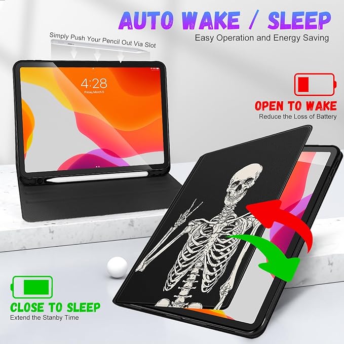 Uppuppy for iPad Air 13 Inch M2/M3, Pro 12.9 Case - Cute Women Boy Men Teens Skeleton Pencil Holder Folio Cover for Apple Air 13" 2024/2025, Pro 6th/5th/4th/3rd Generation Case