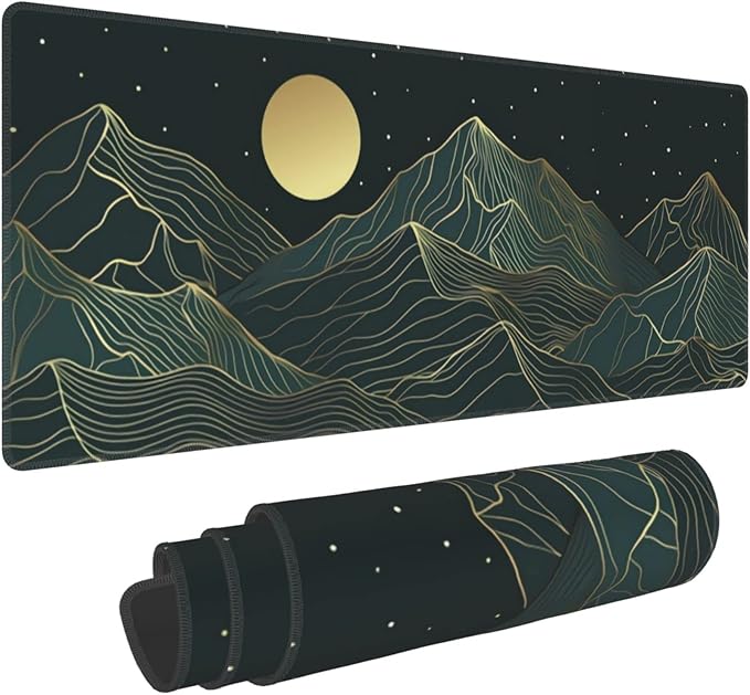 Golden Mountain Line Moon Landscape Gaming Mouse Pad XL Extended Large Mousepad with Nonslip Rubber Base Stitched Edges Laptop Computer Keyboard Desk Mat for Office Home Gamer