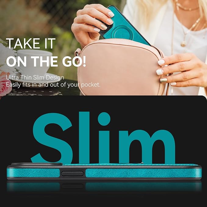 for iPhone 15 Plus Case with Stand, Compatible with MagSafe, Slim PU Leather & Durable TPU Protective Magnetic Kickstand Cover Drop-Proof with Tempered Glass Screen Protector 6.7", Turquoise