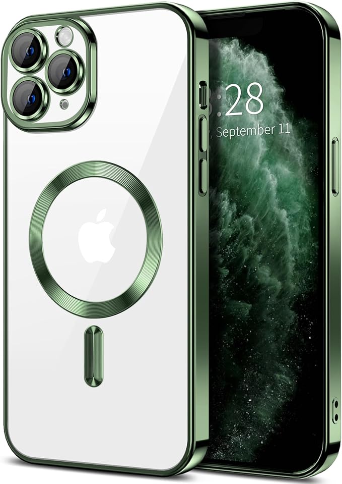 Hython Magnetic Clear for iPhone 11 Pro Case with Camera Lens Protector [Compatible with MagSafe] Luxury Plating Edge Slim Soft TPU Cover Protective Phone Case for iPhone 11 Pro 5.8", Deep Green