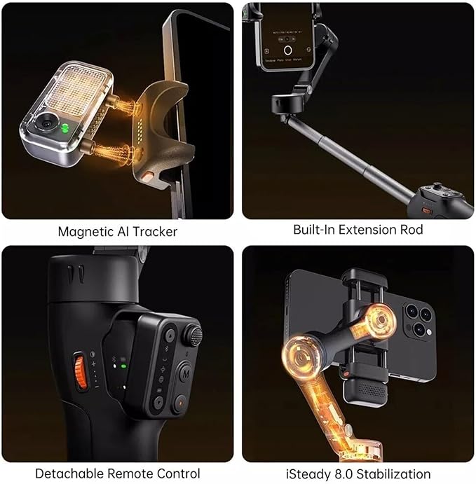 Hohem iSteady V3 Gimbal Stabilizer, Magnetic AI Tracking, Removable Remote, 3-Axis Smartphone Gimbal with Built-in Telescopic Rod and Tripod, Perfect for Content Creators(Black)