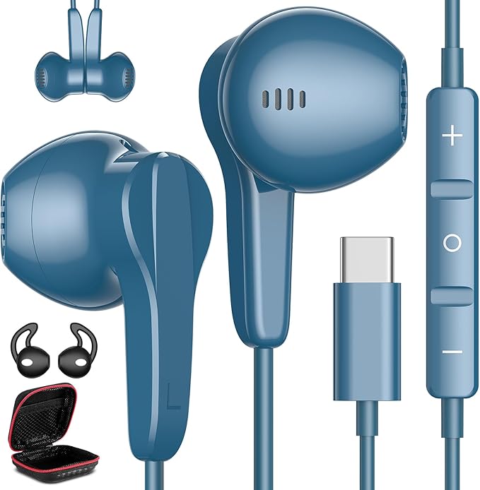 USB C Headphones for iPhone 17 Air 16 15 Pro Max Plus, Type C Earphone with Mic HiFi Stereo Volume Magnet in Ear USBC Wired Earbud for Samsung Galaxy S26 S25 S24 Ultra S23 Fe S22+ Flip/Pixel 10, Blue