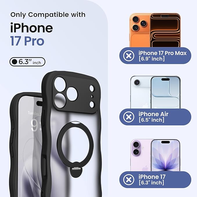 CAPRARO for iPhone 17 Pro Case with 360° Spin Magnetic Stand for Women, [Compatible with MagSafe] [Full Camera Protection] Cute Wave Translucent Matte Case for iPhone 17 Pro, Black