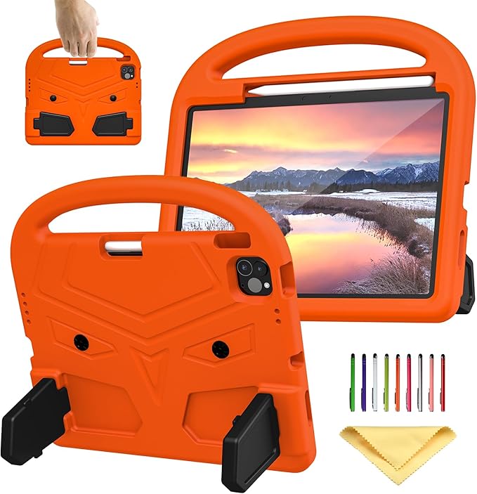 Kids Case for Apple iPad Air 11 inch M3/M2 & iPad Pro 11 inch M5/M4 (2025/2024) with Pencil Holder/Handle/Kickstand Lightweight Soft EVA Foam Shockproof Stand Girls Boys Cover, Orange Bird