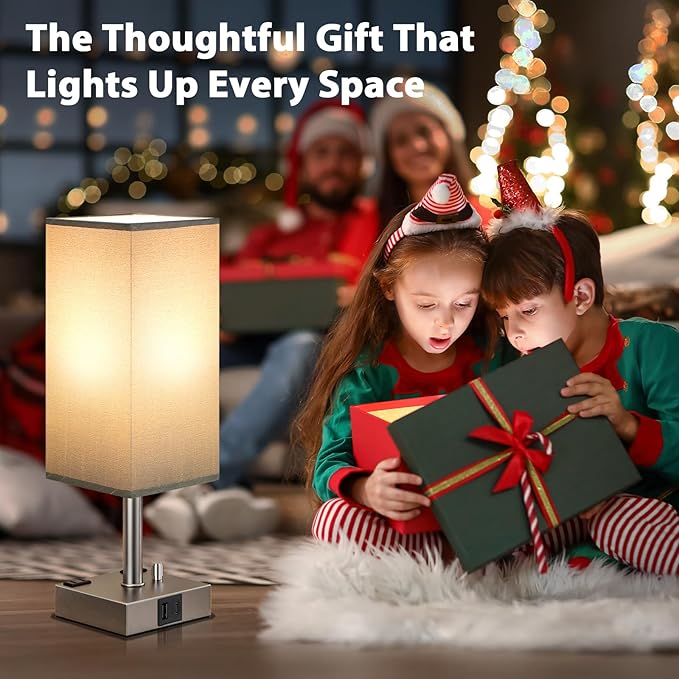 aooshine Grey Fully Dimmable Nightstand Lamps Set of 2 - Table Bedside Lamp with USB C+A Charging Ports & 2 AC Outlets, Square Lamp Sets Linen Fabric Shade for Bedroom Living Room(Bulb Included)