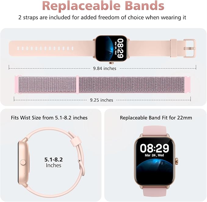 Smart Watches for Women, 1.85" Alexa Fitness Trackers with Call & SMS, Heart Rate, SpO2, Stress & Sleep Monitor, IP68 Waterproof Smartwatch for Android iPhone Samsung etc., 100+ Sports Modes, 2 Bands
