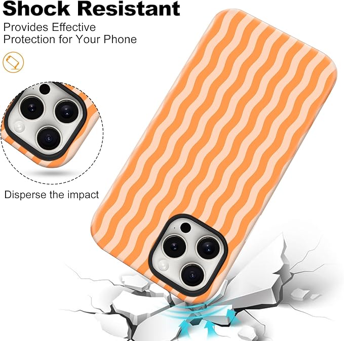 Magnetic for iPhone 15 Pro Max Case Cute Wavy Stripes Phone Case, Shockproof Slim TPU and Hard PC Protective Phone Cover Compatible with MagSafe Designed for Women Girls, Orange