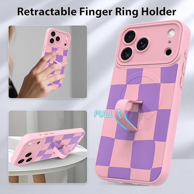 KANGHAR Compatible with iPhone 17 Pro Case, Support for MagSafe, Silicone Checkered Cute Pattern, Wristband Kickstand Camera Protection Soft Slim Cover for Girls Women -Pink