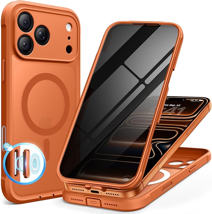 BERFY for iPhone 17 Pro Case, Compatible with MagSafe, Built-in Privacy Screen Protector, Camera Protection, Shockproof Full Body Phone Case 6.3", Translucent Cosmic Orange