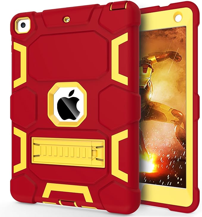 CCMAO for iPad 6th/ 5th Generation Case 2018/2017, iPad Air 2 Case 2014, iPad 9.7 '' Case, Heavy Duty Shockproof Rugged Protective iPad 5 6 Gen Cover with Kickstand, Red+Gold