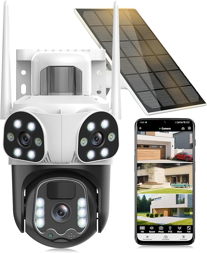 4K Solar Security Camera Wireless Outdoor with Dual-Lens,2.4G WiFi Cameras for Home Security with WiFi 6,8MP Color Night ViSion,PIR Motion Detection,Auto Tracking,2-Way Audio,Spotlight Siren,Alexa