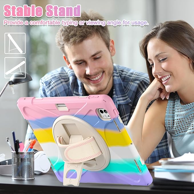 Batianda Case for iPad Pro 13-inch 2025 M5 2024 M4 Chip Heavy Duty Rugged Durability Silicone Tablet Cover with 360° Rotating Hand Strap Foldable Hidden Stand & Shoulder Strap, Colorful Pink