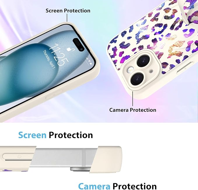 KANGHAR Compatible with iPhone 15 Case, Support for MagSafe, Silicone Cute Iridescent Leopard Cheetah Pattern, Wristband Kickstand Shockproof Protective Slim Cover for Women Girls, White