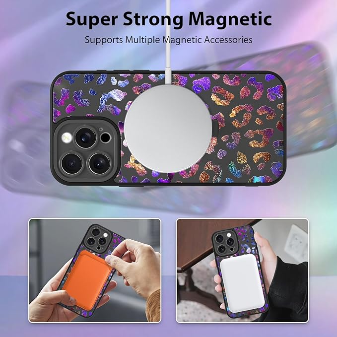 KANGHAR Compatible with iPhone 15 Pro Case, Support for MagSafe, Silicone Cute Iridescent Leopard Cheetah Pattern, Wristband Kickstand Shockproof Protective Slim Cover for Women Girls, Black
