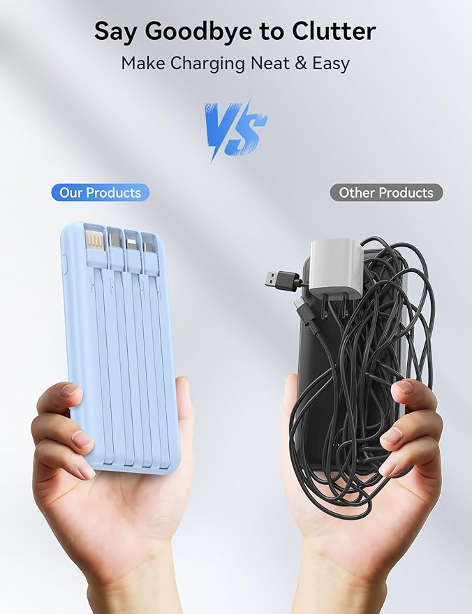 Portable Charger, 10000mAh 22.5W Fast Charging Power Bank with 4 Built-in Cables, Travel Essentials Battery Pack with LED Display, 6 Outputs Charging Bank Compatible with iPhone, iPad, Samsung Blue