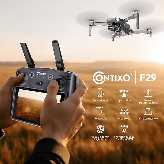 Contixo Foldable 4K Cinematic F29 Drone for Adults & Hobbyists, 3-Axis Gimbal, 5" Touchscreen Remote, GPS Return Home, Follow Me, Orbit Mode, Brushless Motor, 46 Min Flight Time (2 Batteries), 3KM Range