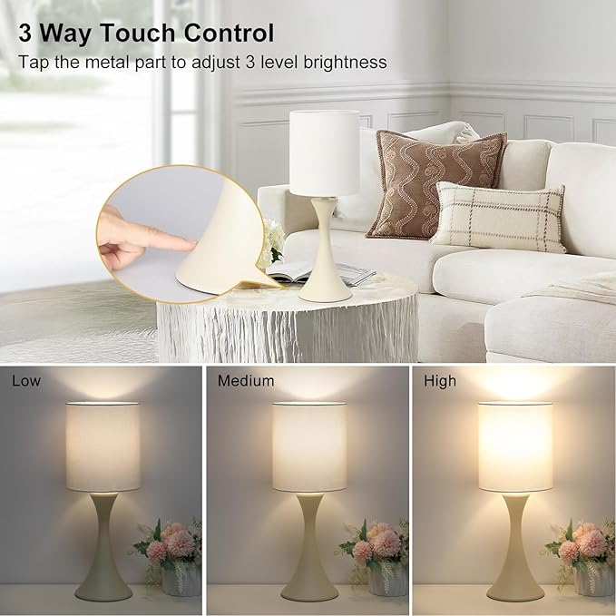 Seaside village Dimmable Bedside Lamp, 3 Way Touch Control Table Lamp, Modern Nightstand Lamp with Beige Shade and Cream Base, Small Desk Lamp for Living Room, Dorm, Home Office, 9W LED Bulb Included