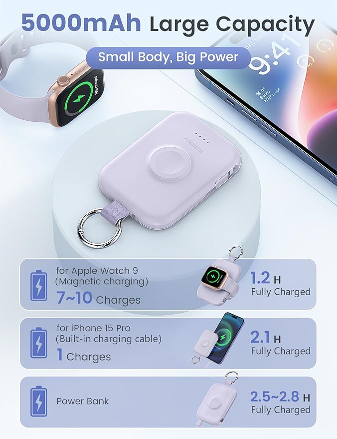 RORRY Portable Charger, 5000mAh Portable Charger Power Bank with Built-in Cables, Travel Keychain Battery Pack for Apple Watch Ultra/11/10/9/8/7/6/SE, iPhone Air/17/16/15/14/13/12, Purple