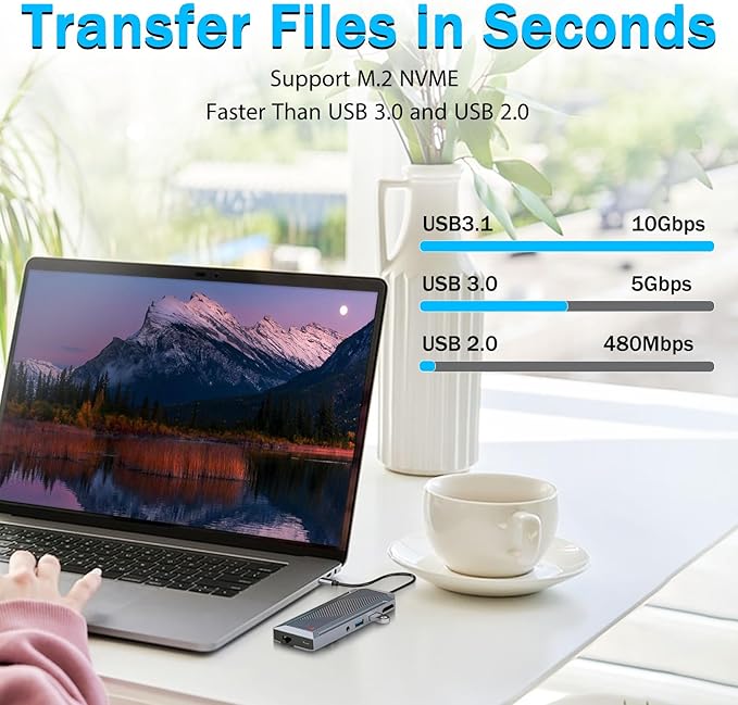Redragon 9-in-1 USB-C Hub with SSD Enclosure for M.2 NVMe, 4K 60Hz HDMI Splitter, 100W PD Charging, 1Gbps Ethernet, 2X USB-A 3.1 10Gbps, SD/TF Card Reader, 3.5mm Audio for MacBook Pro/XPS/Dell/More