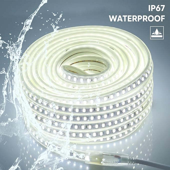 120V LED Strip Lghts 49.2FT Cold White 6000K Super Bright Rope Lights for Outside IP67 Waterproof LED Light Strip for Kitchen Cabinets Living Room Deck Yard Garage