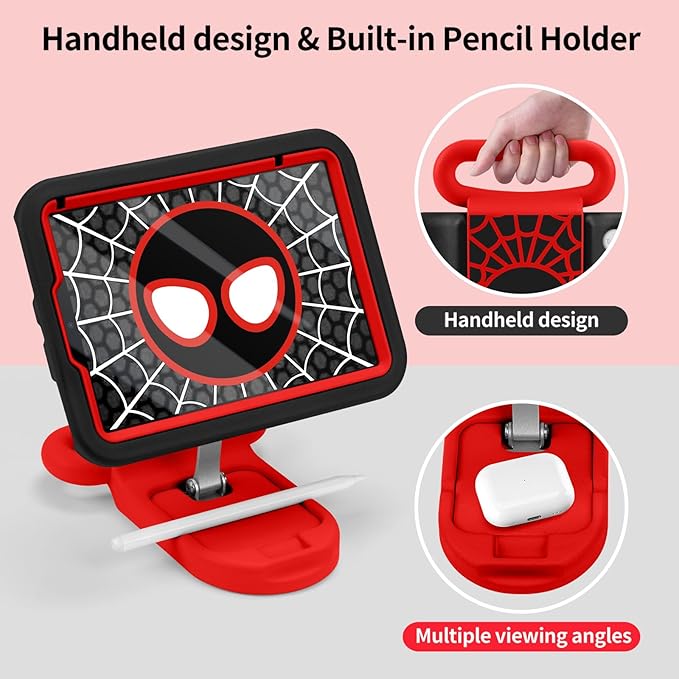 Kids Case for iPad mini 7 (A17 Pro) 2024 / iPad mini 6 2021, Child Friendly Case with Adjustable Portrait/Landscape Stand,Heavy Duty Cover with Screen Protector for iPad mini 7/6 8.3 inch (BlackRed)