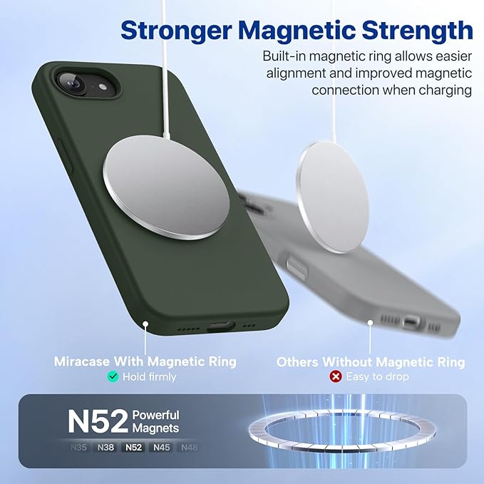 Miracase Magnetic for iPhone 17e Case & iPhone 16e Case, [Soft Anti-Scratch Microfiber Lining], Compatible with MagSafe, Silicone Shockproof Protection Phone Case for iPhone 17e/16e, Dark Green