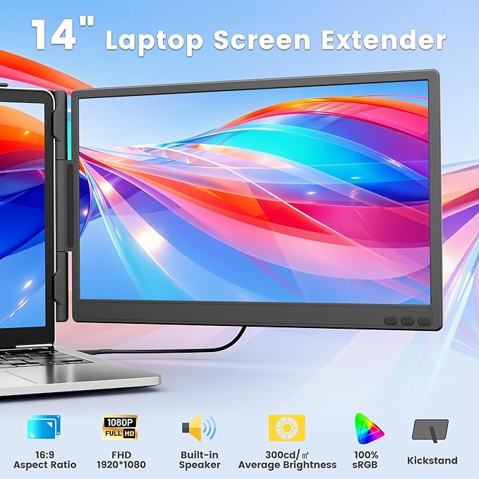 domyfan 14" Laptop Screen Extender, Ultra-Thin FHD 1080P IPS Dual Portable Laptop Monitor Extender for 13-17" Laptops, Plug & Play with HDMI/USB-A/Type-C, Compatible with Windows, Mac, Android