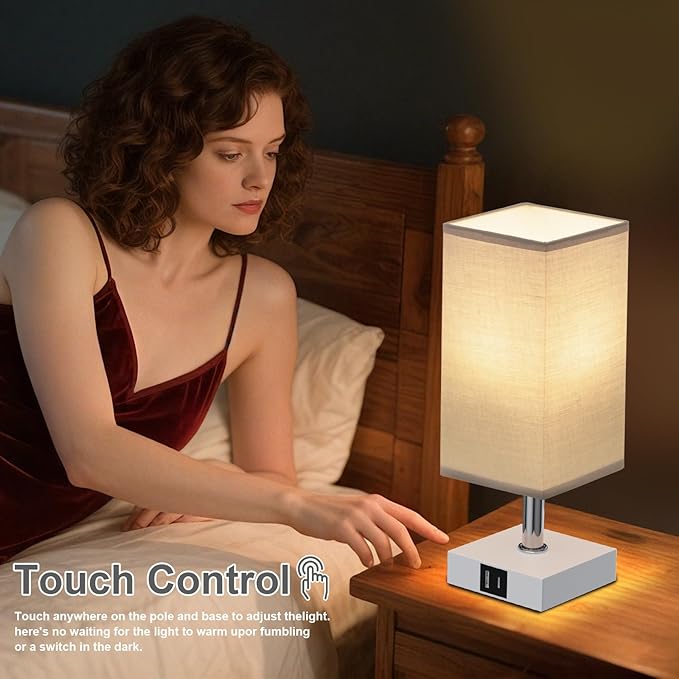 Ambimall Touch Control Table Lamp with USB A+C Charging Ports - 3 Way Touch Lamps Bedside, Nightstand Lamp for Bedrooms Living Room Nursery, LED Bulb Included(Grey Shade)