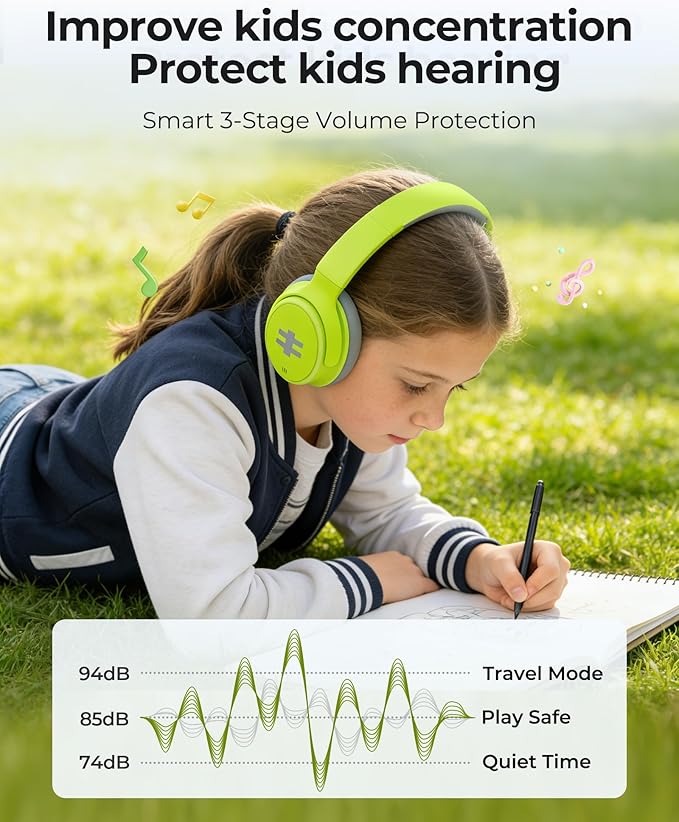 seenda Active Noise Cancelling Headphones for Kids, HEO-303 Bluetooth 5.4 60H Playtime Type C Fast Charging, 74/85/94 dB Safe Volume Limit Headset with Mic for Ipad, Airplane, Travel, Green