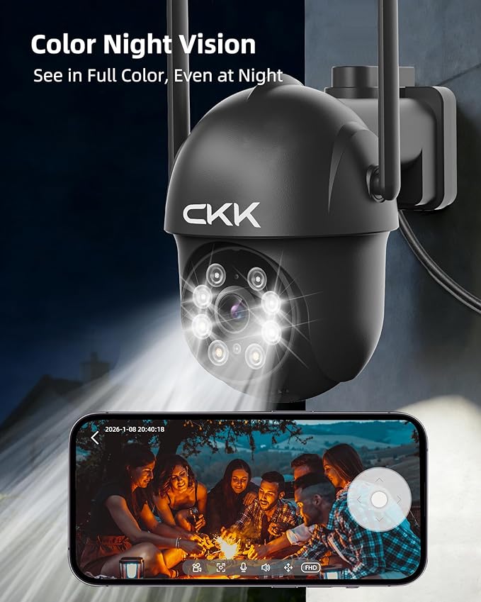 CKK 2K Security Camera Outdoor Corded Power, 4 Pcs 3MP PTZ WiFi Home Security Camera - 2.4G/5G Dual-Band, 360° Pan-Tilt, Color Night Vision, Motion Alerts, 2-Way Audio, 24/7 Recording, Waterproof