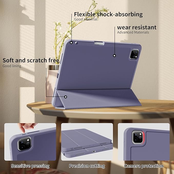 New iPad Pro 13 Inch Case (M5) 2025 / (M4) 2024 with Pencil Holder | Slim Protective Trifold TPU Back | Support Apple Pencil Pro & USB-C Charging | Auto Wake/Sleep (Purple Gray)