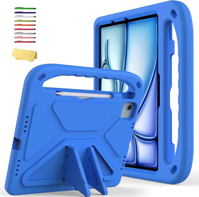 Kids Case for Apple iPad Air 11 inch M4/M3/M2 (2026/2025/2024) with Pencil Stylus Holder/Handle/Kickstand Slim Lightweight Cute Soft Shockproof EVA Folio Stand Protective Tablet Cover, Blue