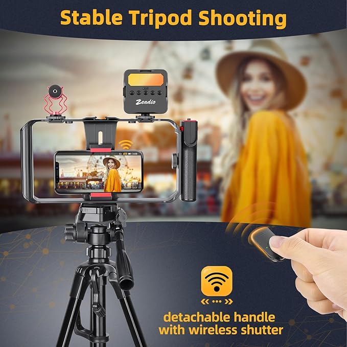 Zeadio All-in-One Smartphone Video Rig Kit, Variable Phone Cage Rig with RGB Video Light, Shotgun Microphone, Universal Video Stabilizer for iPhone/Android Filmmaking Vlogging YouTube TikTok etc
