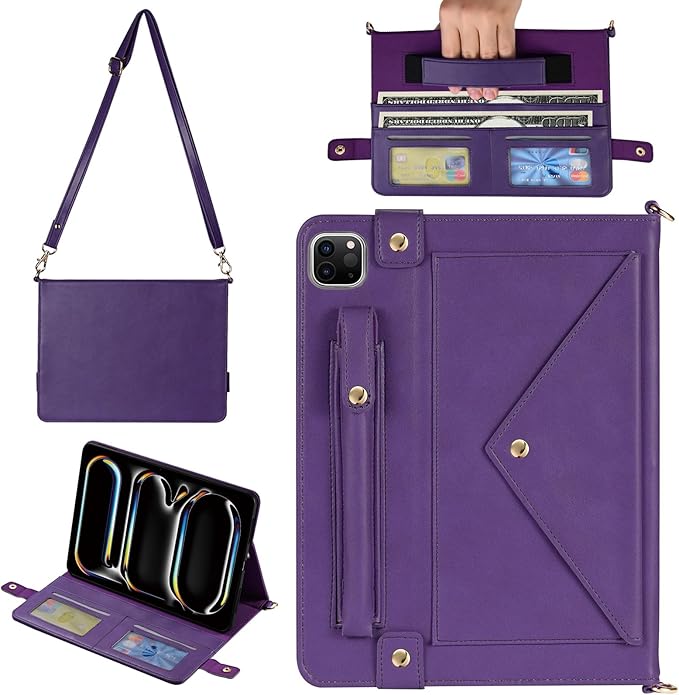 Handbag Case for iPad Pro 11-inch M5 M4 (2025/2024), Techcircle Folio Stand PU Leather Hand Strap Protective Cover, Crossbody Case w/Pencil Holder Card Slots Wallet Case, Purple