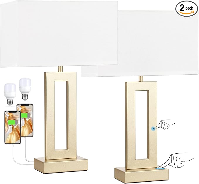 Seealle Nightstand Table Lamps for Bedrooms Set of 2 - Touch Bedside Lamp with USB C+A, 3 Way Dimmable Living Room Lamps for End Tables Set of 2(White&Gold)