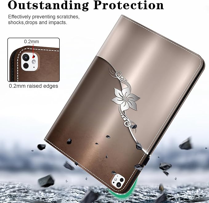 Case for iPad Pro 11 inch Case (M5/M4) 2025/2024, Premium Leather Folio Stand Cover with Auto Wake/Sleep, Pencil Holder and Card Slots - Silver Flower