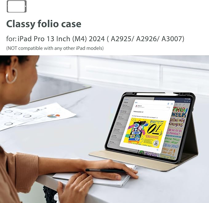 ProCase Leather Case for iPad Pro 13 Inch 2025 (M5) / 2024 (M4) with Pencil Holder, PU Leather Business Stand Cover Multi-Angle Viewing Smart Folio with Hand Strap Front Pocket for iPad Pro 13" -Black