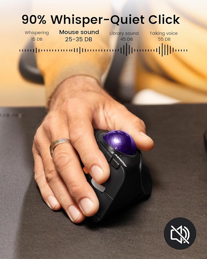 ProtoArc Vertical Wireless Trackball Mouse, EM05 NL Bluetooth Ergonomic Rollerball Mouse Rechargeable Computer Laptop Thumb Mice, 3 Device Connection, Compatible with iPad, Mac, Windows, PC-Purple