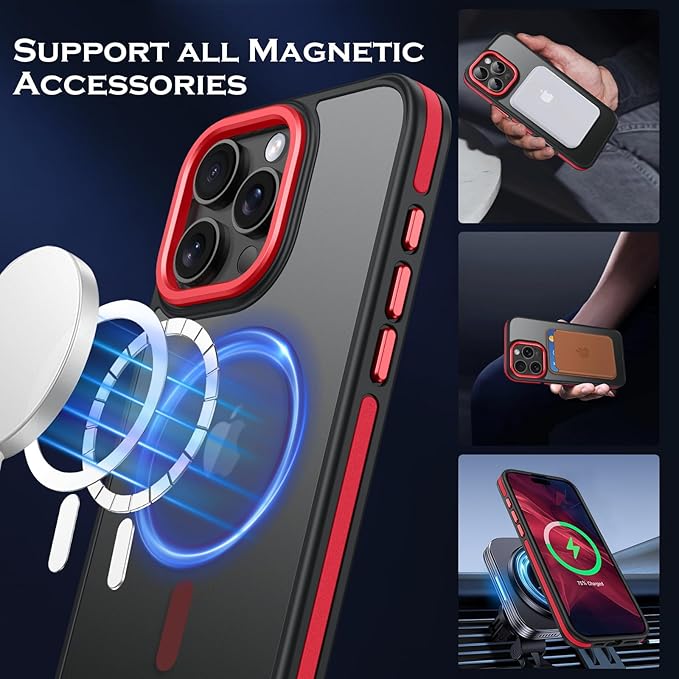 YINLAI Case for iPhone 16 Pro 6.3-Inch, iPhone 16 Pro Phone Case Magnetic [Compatible with Magsafe] Slim Translucent Matte Men Women Girls Shockproof Protective Back Cover, Black/Red