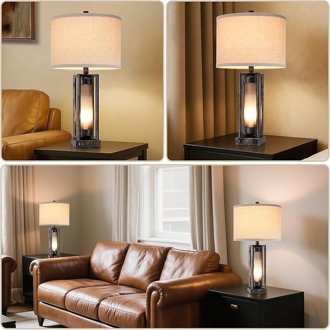 Set of 2 Industrial Table Lamps for Living Room with USB C+A, Vintage End Table Lamp for Bedroom with Gray Nightlight, Farmhouse Rustic Desk Lamp for Bedside, 4 Bulbs Included (Iron Gray)