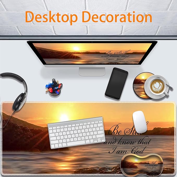 Durable Desk Mat + Wrist Rest Pad + Coasters Set, Large Gaming Office Mouse Pad 31.5 "x 11.8", Extended Non-Slip Rubber Keyboard Pad, Laptop & Home, Sunset Beach